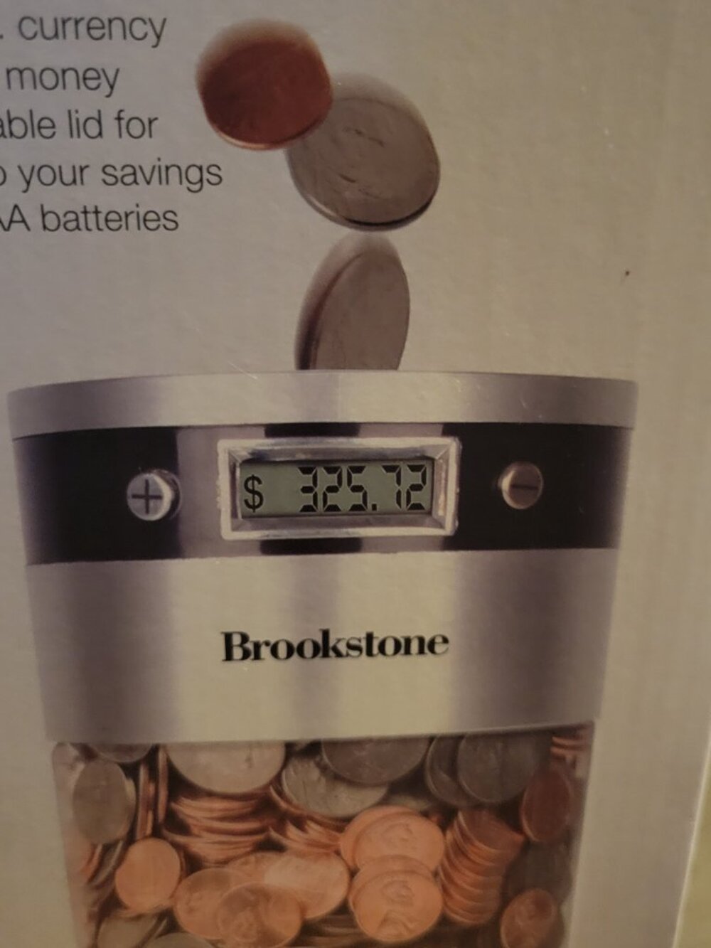 Brookstone 13" Digital Counting Coin Jar - Silver/Black - Never Used